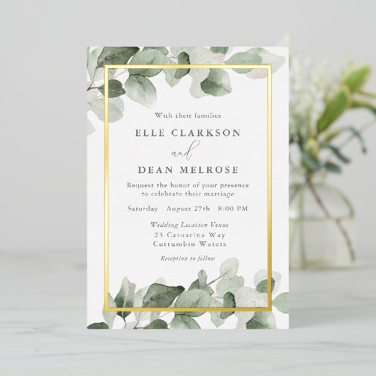 Invitation En Aluminium Mariage frontière or Feuille Sage Vert (Debout devant)