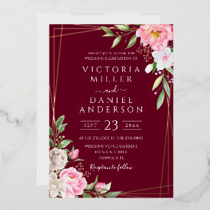 Invitation En Aluminium Mariage géométrique floral aquarelle or de Bourgog