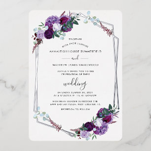 Invitation En Aluminium Mariage géométrique Floral violet Argent