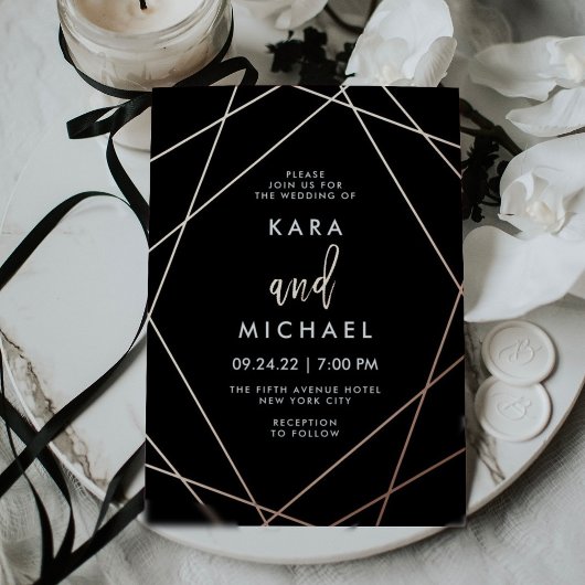 Invitation En Aluminium Mariage géométrique rose Gold et Black Elegant
