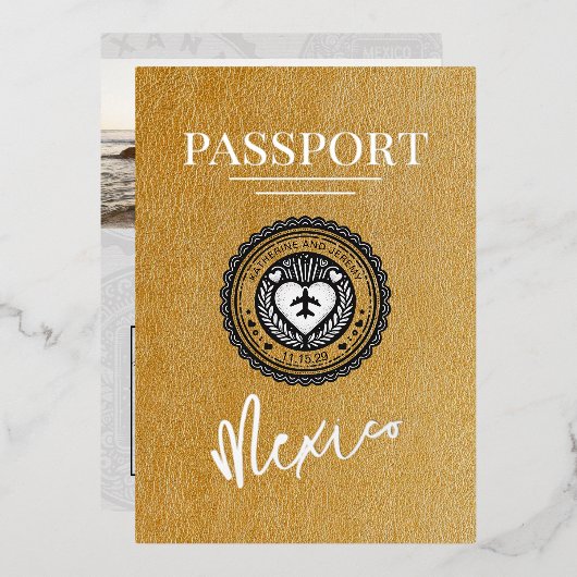 Invitation En Aluminium Mariage Gold Mexico Passport (Recto/Verso)