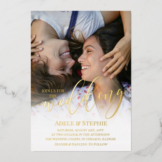 Invitation En Aluminium Mariage Gold Script photo double face (Recto)