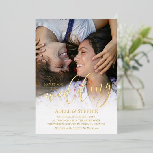 Invitation En Aluminium Mariage Gold Script photo double face (Debout devant)