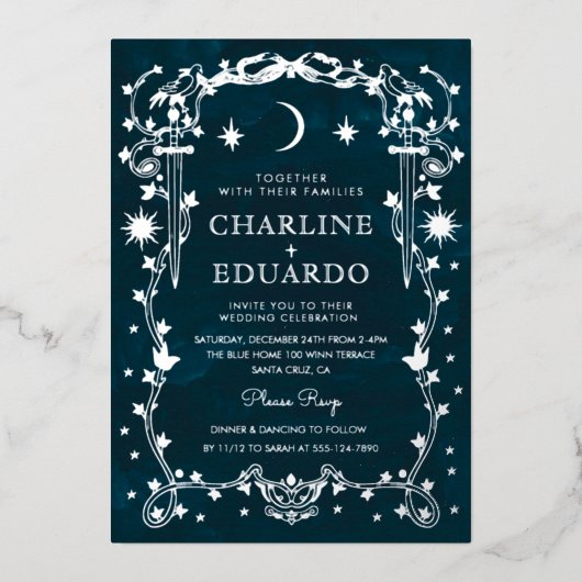 Invitation En Aluminium Mariage gothique céleste à feuille d'argent (Recto)