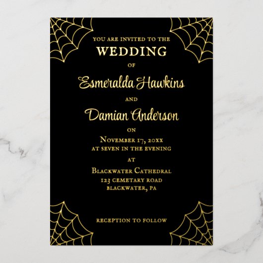 Invitation En Aluminium Mariage gothique noir et or (Recto)