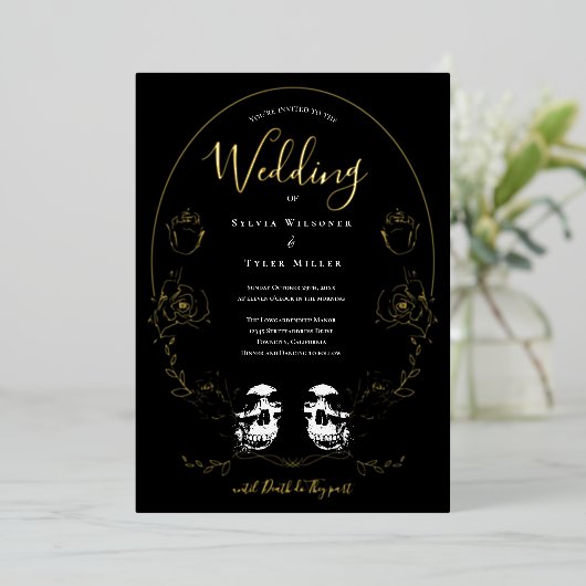 Invitation En Aluminium Mariage gothique noir floral (Debout devant)