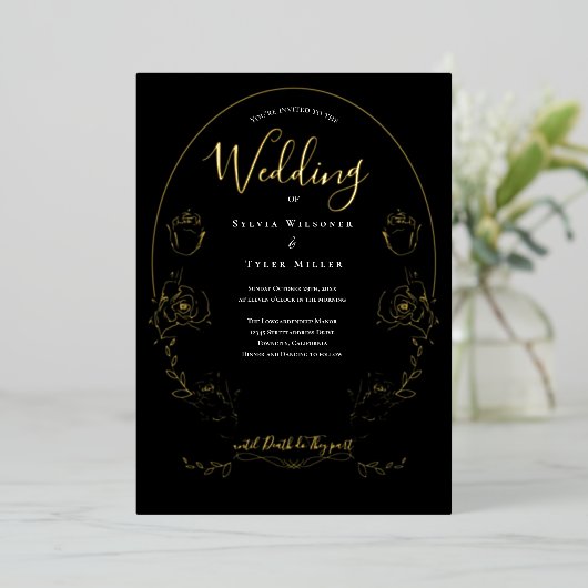 Invitation En Aluminium Mariage gothique noir floral (Debout devant)