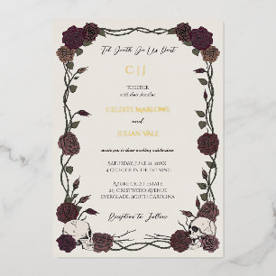 Invitation En Aluminium Mariage Gothique Roses Feuille D'Or Blanc Os