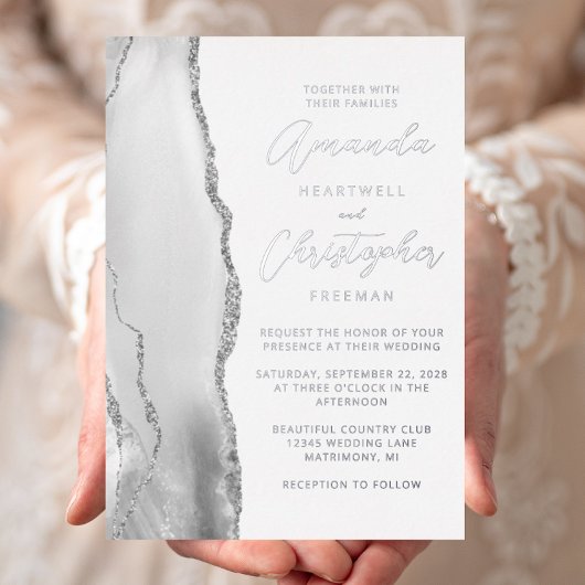 Invitation En Aluminium Mariage gris argent Agate Script