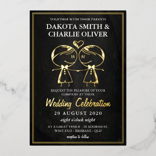 Invitation En Aluminium Mariage gris noir et or (Recto)