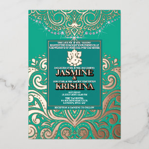 Invitation En Aluminium Mariage hindou LuxGlitter Peacock PinkGold Ganesha