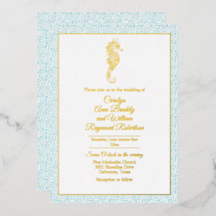 Invitation En Aluminium Mariage Hippocampe Doré avec Cadre Aqua