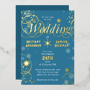 Invitation En Aluminium Mariage hivernal bleu élégant en or
