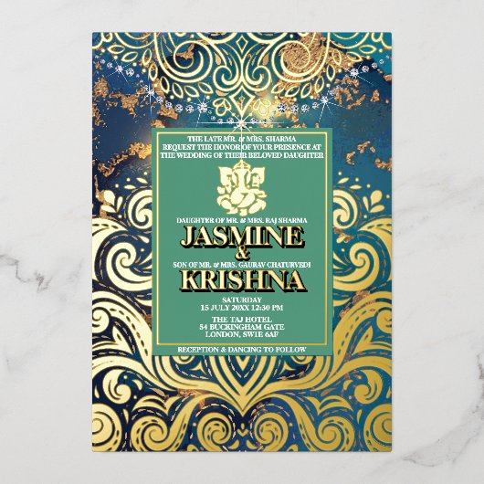 Invitation En Aluminium Mariage indien LuxGlitter Blue Gold Hindu Ganesha (Recto)