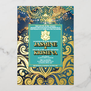 Invitation En Aluminium Mariage indien LuxGlitter Blue Gold Hindu Ganesha