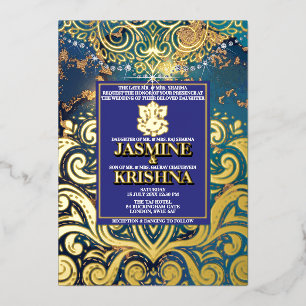 Invitation En Aluminium Mariage indien LuxGlitter Blue Gold Hindu Ganesha
