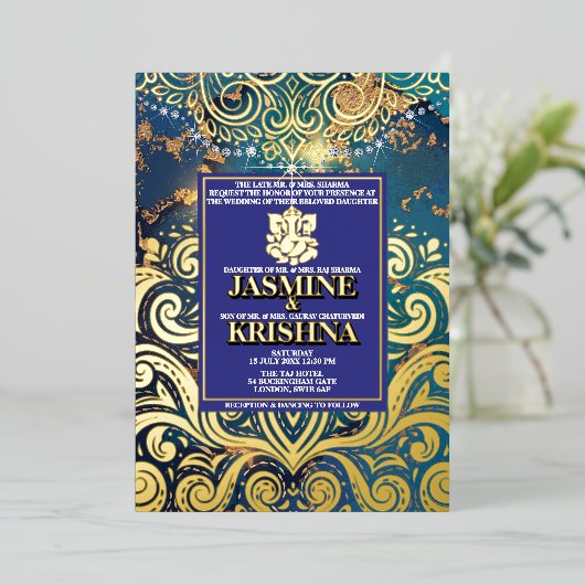 Invitation En Aluminium Mariage indien LuxGlitter Blue Gold Hindu Ganesha (Debout devant)