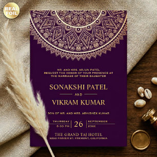 Invitation En Aluminium Mariage indien mandala or pourpre traditionnel
