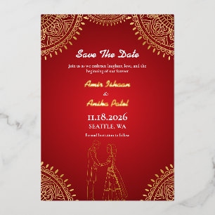 Invitation En Aluminium Mariage indien Red Gold Enregistrer la date
