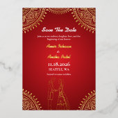 Invitation En Aluminium Mariage indien Red Gold Enregistrer la date (Recto)