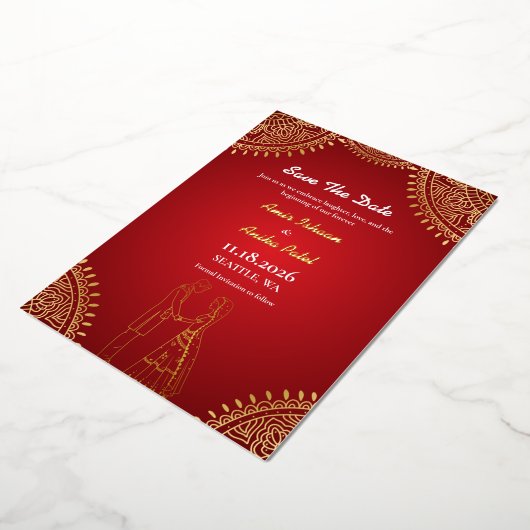 Invitation En Aluminium Mariage indien Red Gold Enregistrer la date (Rotation)