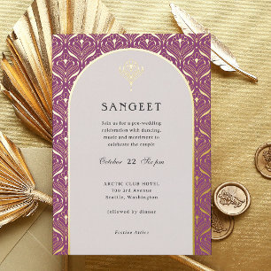 Invitation En Aluminium Mariage indien Sangeet Art déco à fleurs en or