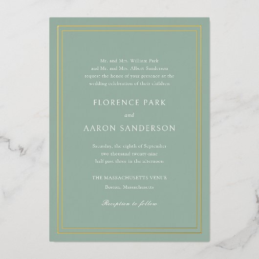 Invitation En Aluminium Mariage intemporel traditionnel Sage vert (Recto)