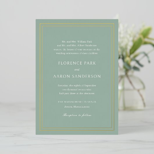 Invitation En Aluminium Mariage intemporel traditionnel Sage vert (Debout devant)