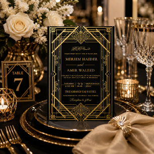 Invitation En Aluminium Mariage islamique Art Déco noir et or de luxe