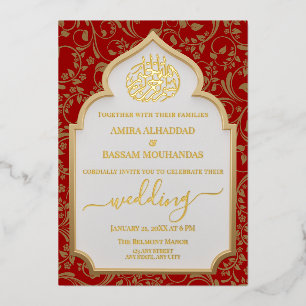 Invitation En Aluminium Mariage islamique élégant rouge et or à feuille d'