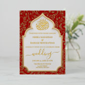 Invitation En Aluminium Mariage islamique élégant rouge et or à feuille d' (Debout devant)