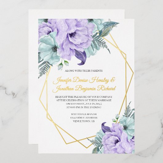 Invitation En Aluminium Mariage Lavender et Mint Peonies (Recto/Verso)