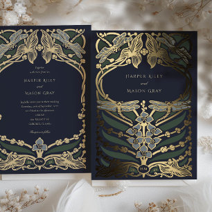 Invitation En Aluminium Mariage Libellule Art Nouveau Bleu Nuit Or