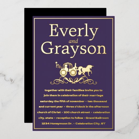Invitation En Aluminium Mariage Licorne Conte de Fées Violet Or (Recto/Verso)