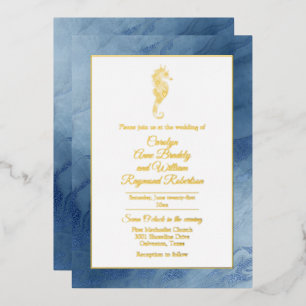 Invitation En Aluminium Mariage Licorne dorée avec cadre bleu