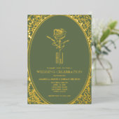 Invitation En Aluminium Mariage Luxe Baroque Vert et Or (Debout devant)