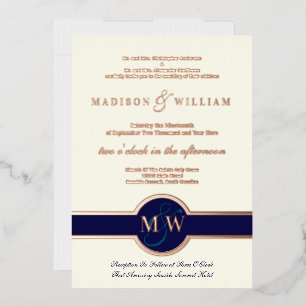 Invitation En Aluminium Mariage Luxe Monogramme Moderne Bleu Nuit Or Rose