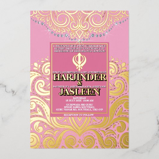 Invitation En Aluminium Mariage LuxGlitter Pink Gold Sikh Anand Karaj (Recto)