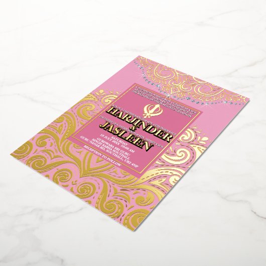 Invitation En Aluminium Mariage LuxGlitter Pink Gold Sikh Anand Karaj (Rotation)
