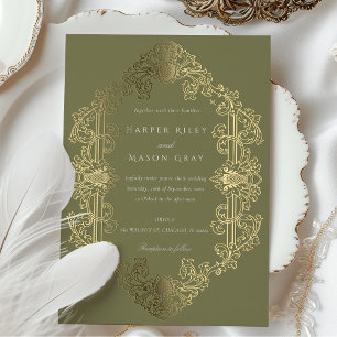 Invitation En Aluminium Mariage Luxueux Baroque Or Vert Sauge