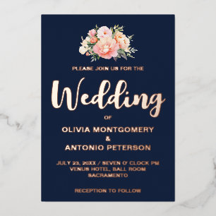 Invitation En Aluminium Mariage Marine Blue & Gold Blush Pink Peony