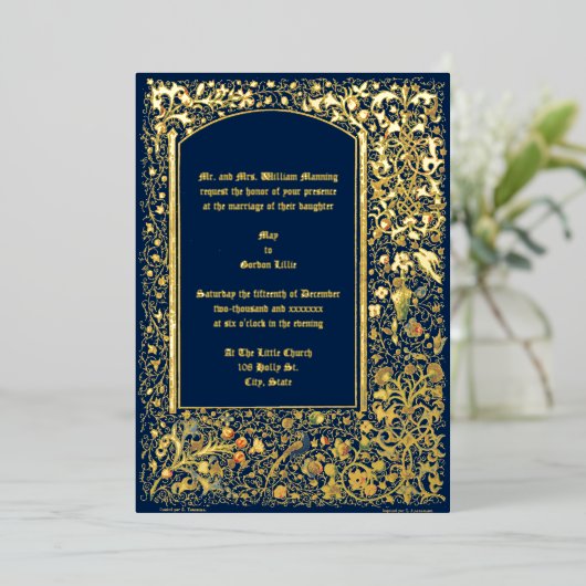 Invitation En Aluminium Mariage médiéval aux oiseaux et fleurs illuminés (Debout devant)