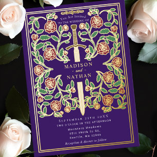 Invitation En Aluminium Mariage Médiéval Fantastique Floral Épée Violette