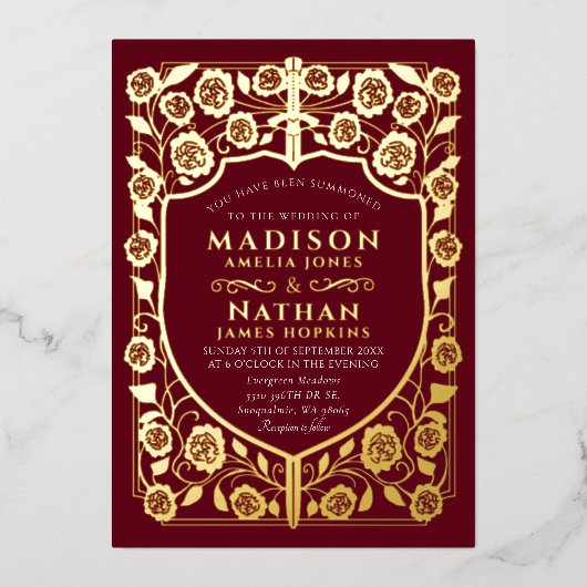 Invitation En Aluminium Mariage médiéval Red Sword Shield (Recto)