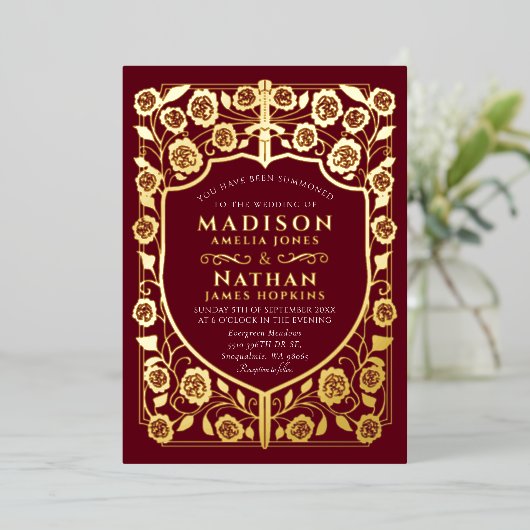 Invitation En Aluminium Mariage médiéval Red Sword Shield (Debout devant)