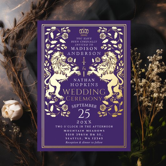 Invitation En Aluminium Mariage médiéval violet Royal Lion