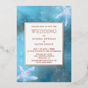 Invitation En Aluminium Mariage Mer Bleue Profonde Feuille d'Or Réelle
