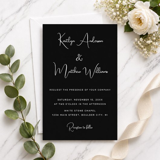 Invitation En Aluminium Mariage Minimal Élégant Moderne Argent Noir Script