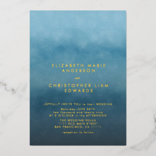 Invitation En Aluminium Mariage minimaliste aquarelle bleu ombré or