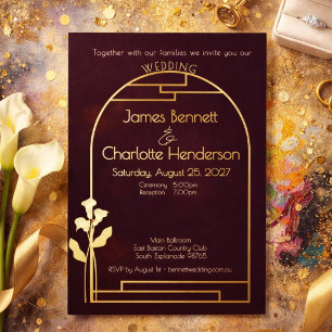 Invitation En Aluminium Mariage minimaliste Art Nouveau en or, lys, prune